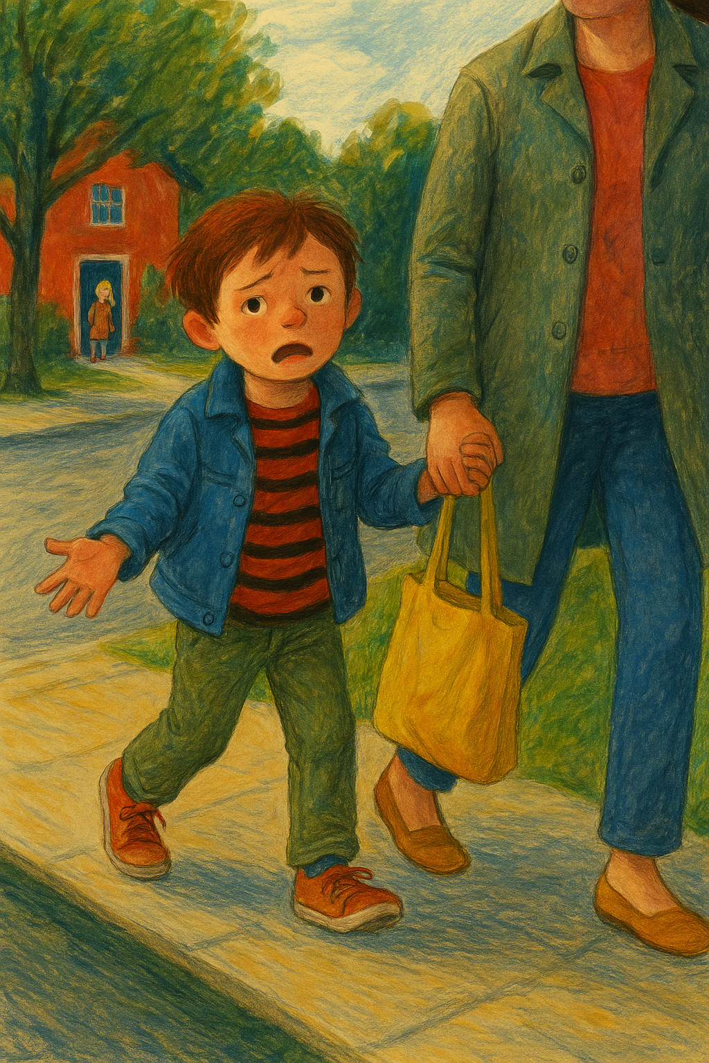 아이와 엄마와 손을잡고 길을 걷고있는 그림