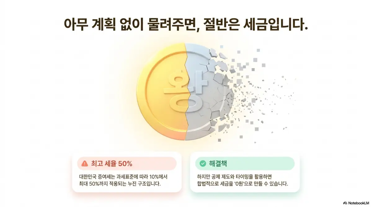 증여세 절세방법: 반으로 갈라져 부서지는 동전 일러스트와 함께 증여세 최고 세율 50%와 공제 제도 활용 시 합법적으로 세금을 줄일 수 있다는 해결책을 보여주는 인포그래픽 이미지. 이 이미지는 증여세 절세 방법의 필요성과 누진 세율 구조를 시각적으로 전달하며 블로그의 증여세 기본 구조와 관련된 내용을 설명함