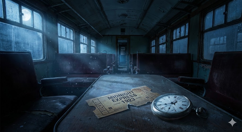 "Moonlit interior of an abandoned train cabin, showing a vintage 'MIDNIGHT EXPRESS 1923' ticket and a broken pocket watch on a table."