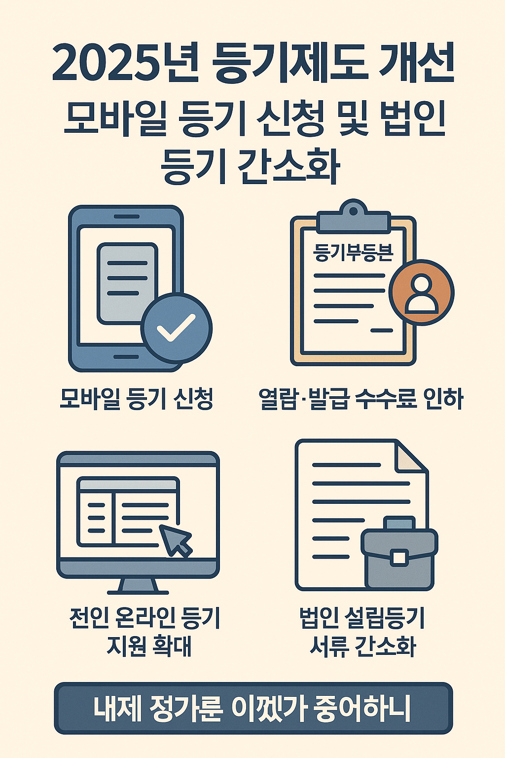 2025년 등기제도 개선, 모바일 등기 신청 및 법인등기 간소화 안내 인포그래픽