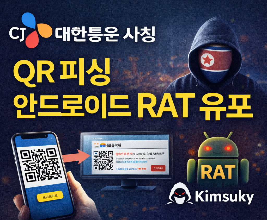 CJ대한통운을 사칭한 QR 피싱으로 안드로이드 RAT 설치를 유도하는 북한 연계 김수키(Kimsuky) 공격 정황이 포착됐다. 기기 전환, OTP 위장, DocSwap 변종 유포 흐름과 대응 포인트를 정리한다