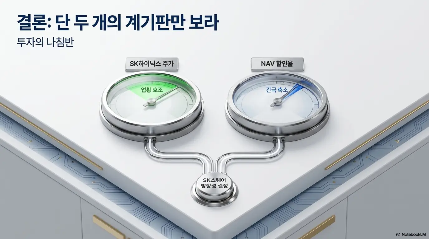 SK스퀘어 주가 전망을 판단하는 두 개의 계기판을 나침반처럼 표현한 결론 이미지. SK하이닉스 주가(업황 호조)와 NAV 할인율(간극 축소)이라는 두 지표가 SK스퀘어 주가의 방향성을 결정한다는 핵심 메시지를 시각적으로 설명함