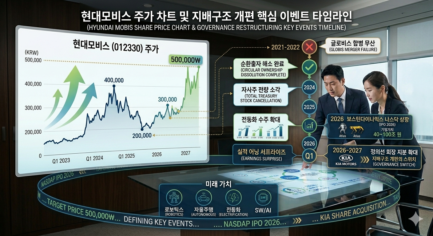 현대모비스 주가 차트와 주요 지배구조 개편 이벤트 타임라인