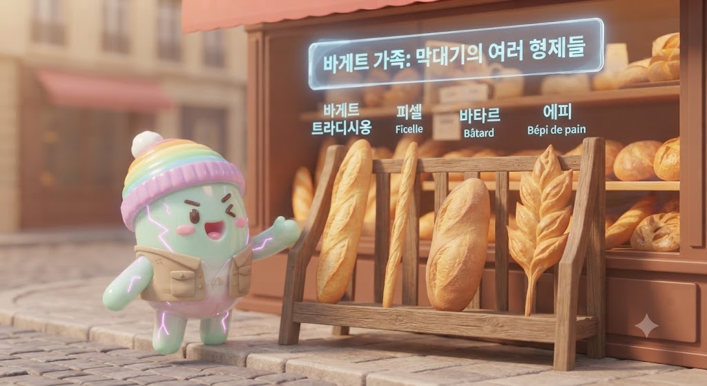 쫀쿠가 길다란 나무 선반 앞에 서서 바게트 가족을 소개하고 있습니다. 쫀쿠의 뒤로 다양한 길이와 모양의 바게트들이 진열되어 있습니다. 가장 기본인 '바게트 트라디시옹', 아주 가느다란 '피셀', 통통해서 샌드위치에 좋은 '바타르', 그리고 밀 이삭 모양의 화려한 '에피'까지. 쫀쿠가 에피를 가리키며 장인의 칼집 기술을 감탄하고 있습니다.