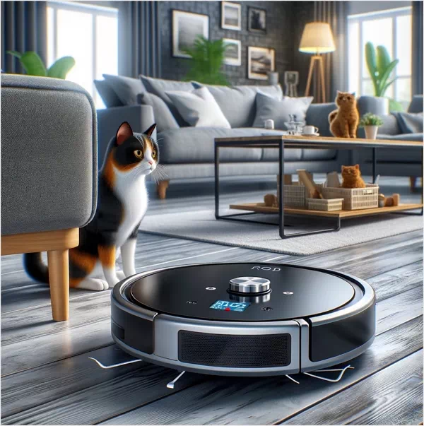 로봇청소기를 바라보는 고양이