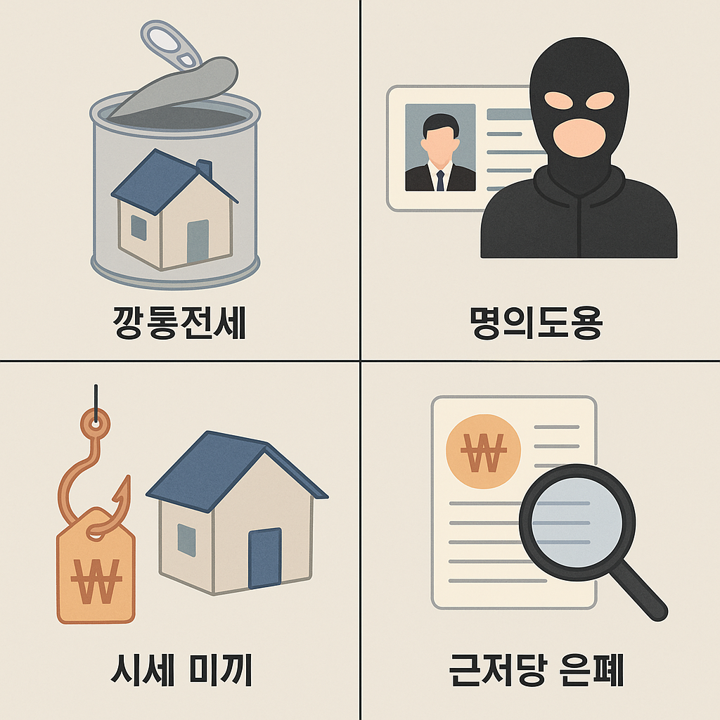 전세사기 수법 시각화 이미지 – 깡통전세, 명의도용, 시세 미끼, 근저당 은폐를 아이콘과 일러스트로 표현한 4분할 구성