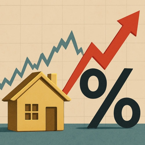 금리 상승을 상징하는 붉은 화살표와 주택 모형이 있는 그림