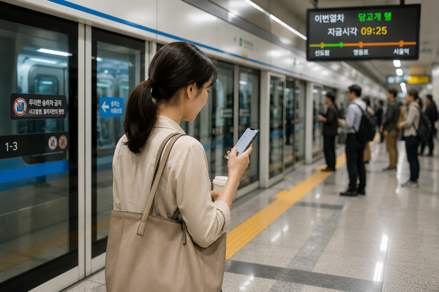 지하철 플랫폼의 출근길 커피 한 잔