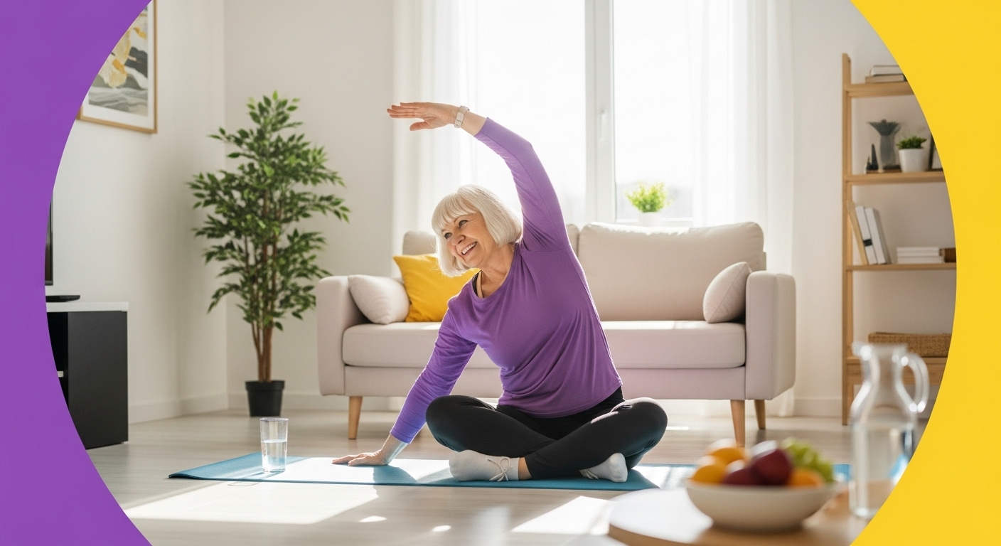 밝고 활기찬 분위기에서 가볍게 스트레칭하며 운동하는 시니어 여성, 면역력 강화를 위한 꾸준한 활동의 중요성 강조.
