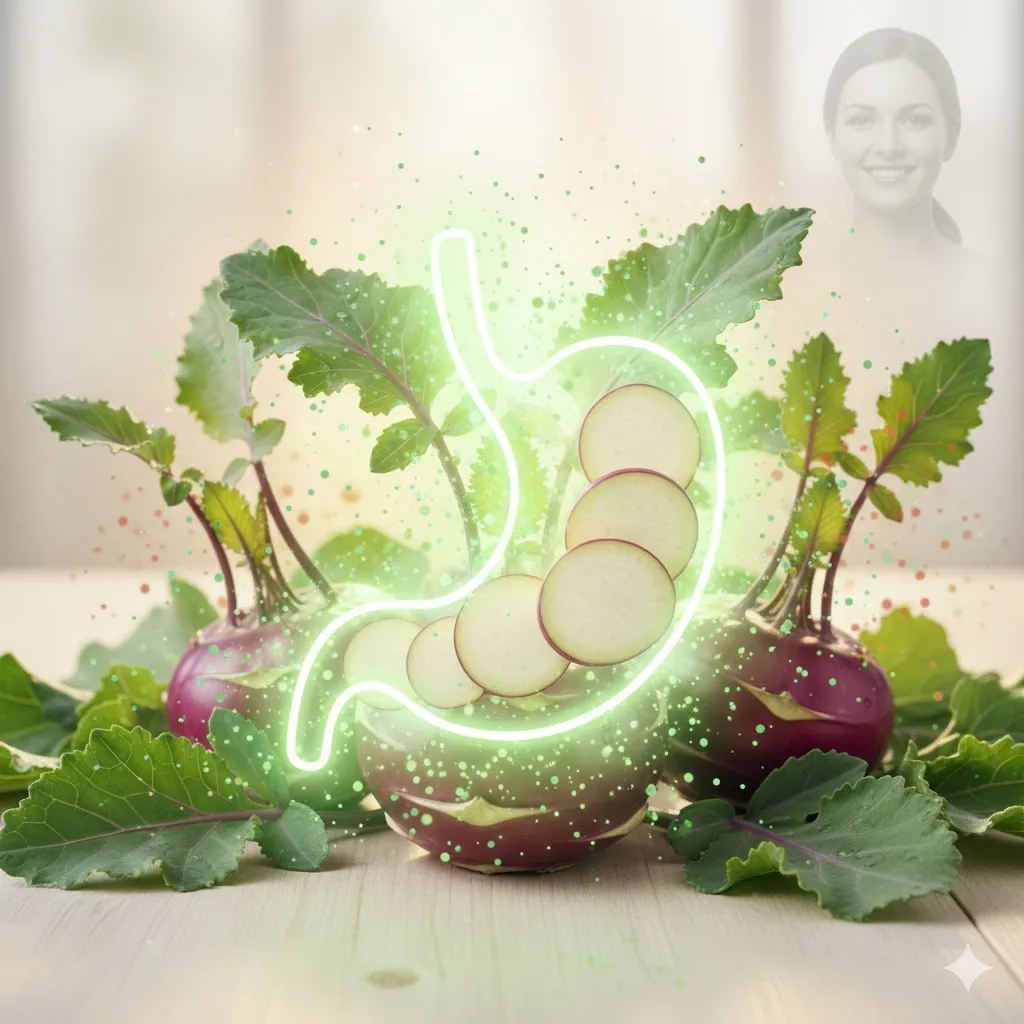 위 모양의 이미지를 부드러운 녹색 빛이 감싸는 형태로 속이 편안해지는 느낌을 줍니다. 콜라비 조각들이 이 빛 속에 어우러져 위장 통증이 완화되는 모습을 은유적으로 표현합니다.