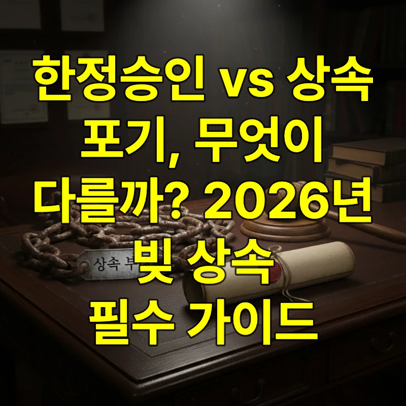 책상 위에 놓인 녹슨 쇠사슬(상속 채무)과 법적 서류, 도장을 통해 부모의 빚이 가족에게 대물림될 수 있는 위기감을 표현한 이미지
