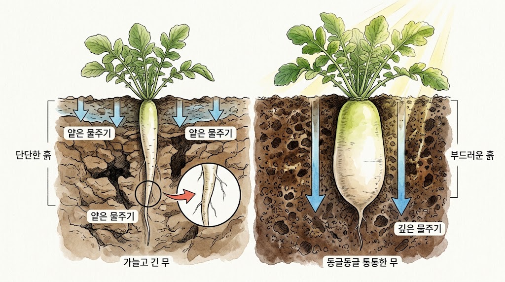 단단한 토양과 얕은 물주기가 무를 길쭉하게 만드는 원리를 보여주는 비교 인포그래픽