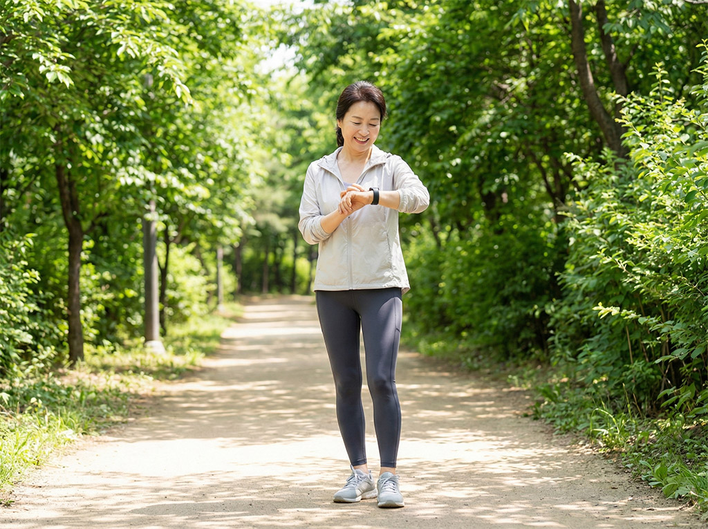 단정한 운동복을 입고 공원에서 스마트워치나 스마트폰을 확인하며 미소 짓는 50대 후반 여성의 활동적인 모습. 배경은 초록이 우거진 산책로
