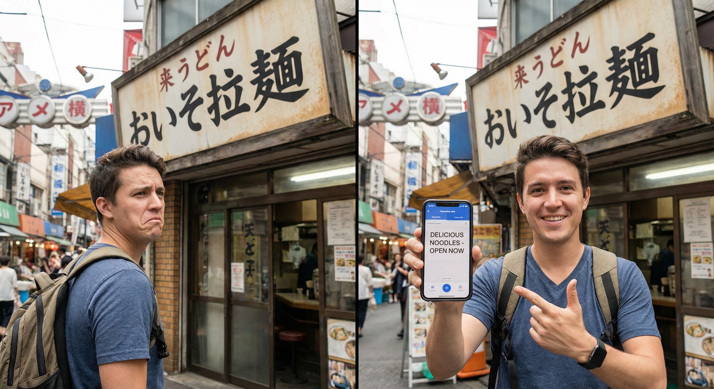 여행지에서 AI 번역 앱을 사용하여 외국어 간판을 실시간으로 해석하는 장면