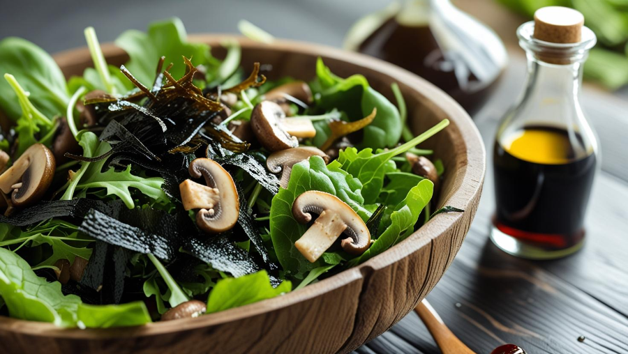 잎채소&middot;해조&middot;버섯이 담긴 샐러드 볼과 올리브오일&middot;식초 드레싱 병, 식이섬유를 첫 순서로 먹는 장면
