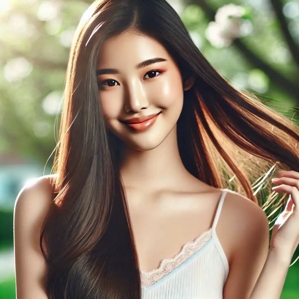 부드럽고 윤기나는 머리카락을 넘기며 환하게 웃는 동양인 여성