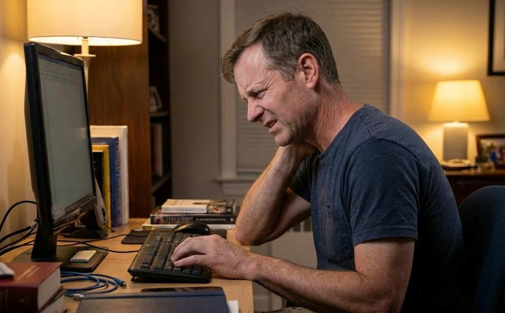 거북목으로 인한 경추 통증으로 아파하는 남성