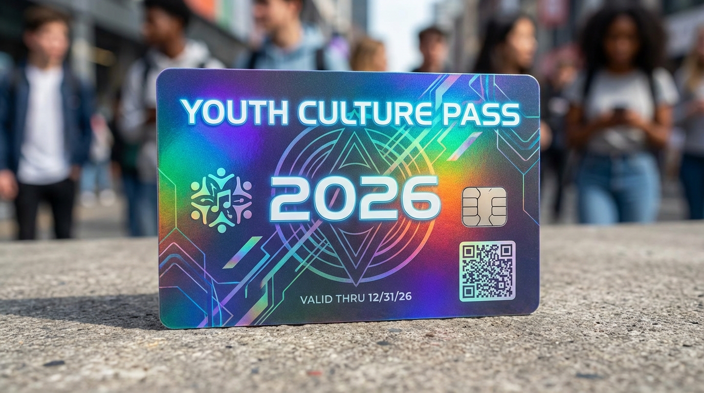 9세 청년을 위한 청년문화예술패스 카드와 문화생활을 상징하는 보라색 톤의 일러스트