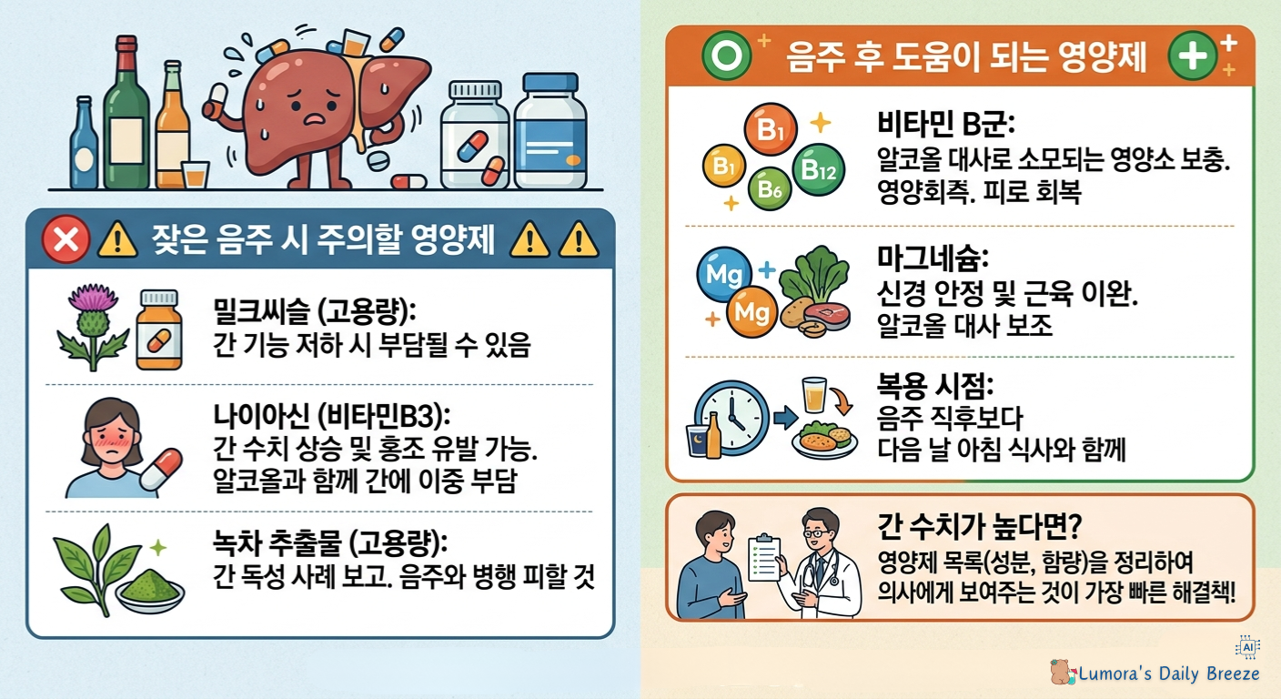 영양제 섭취 중 잦은 음주에 조심해야 할 영양제와 도움되는 영양제