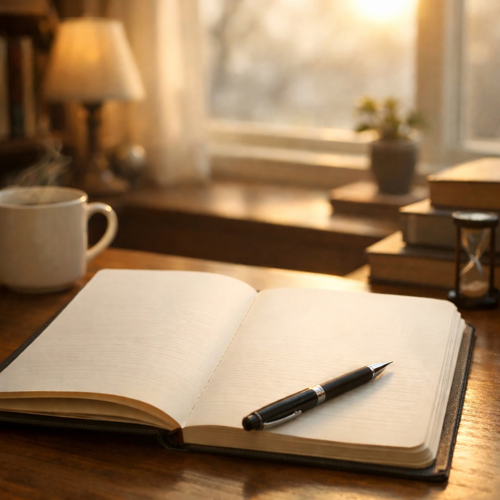 2026년 1월 1일 새해 아침, 햇빛이 스며드는 서재 책상 위에 열린 노트와 펜