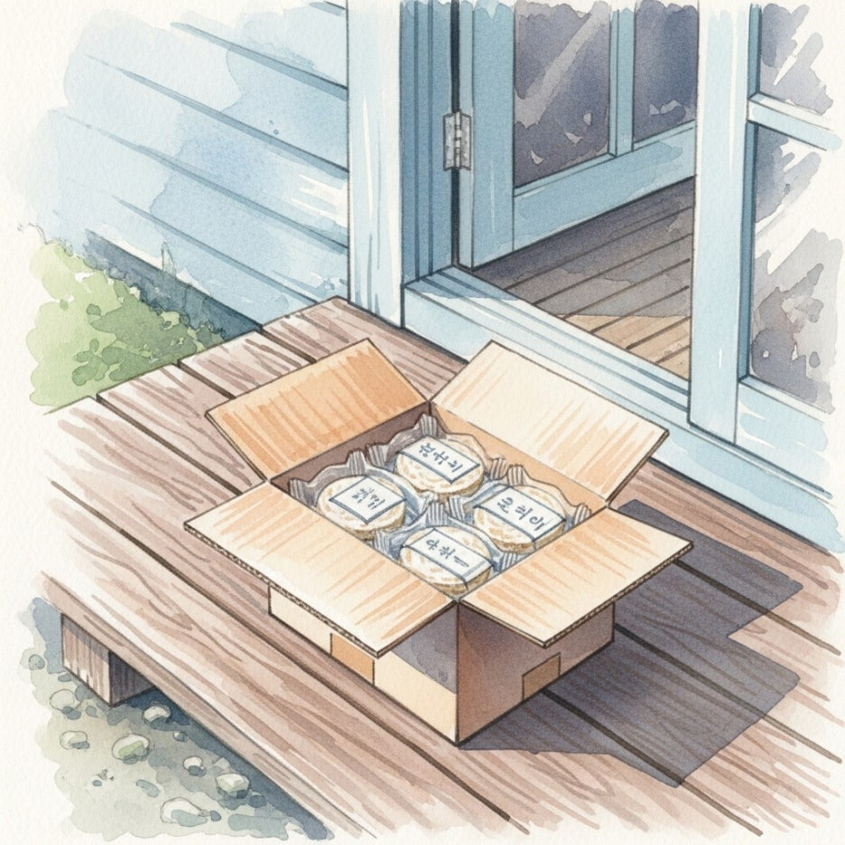 현관 앞에 도착한 정성스러운 택배 박스와 떡 꾸러미