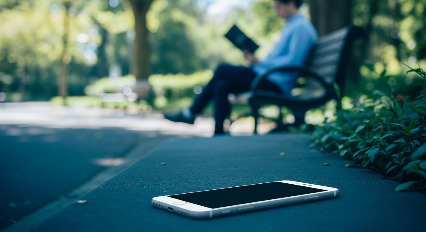공원 벤치에 앉아 책을 읽는 사람. 스마트폰은 옆에 놓여있고, 자연 속에서 오프라인 활동에 집중하는 모습입니다.