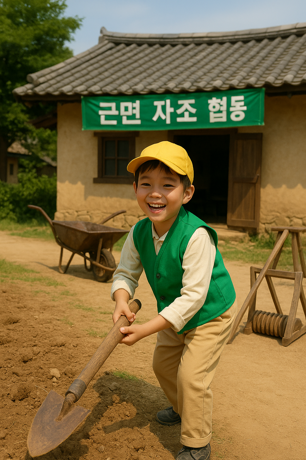 새마을 모자와 조끼를 입고 “그때 그 시절” 재현