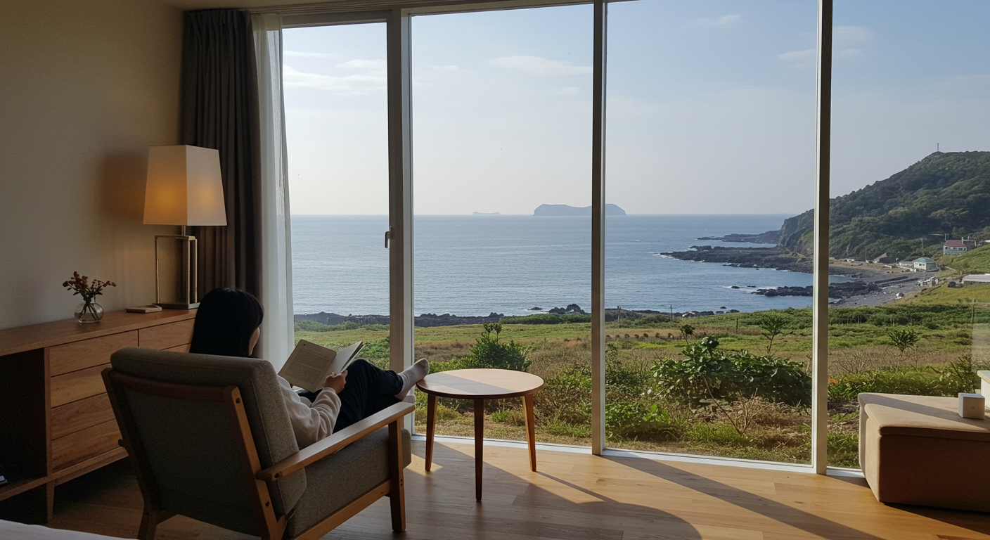 제주 서쪽 감성 숙소에서 바다를 바라보며 편안하게 휴식하는 모습.