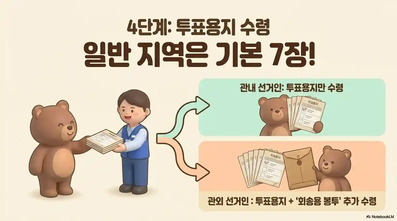 사전투표 4단계 투표용지 수령 일반 지역 기본 7장 - 관내 용지만 관외 회송용 봉투 추가 지급 차이