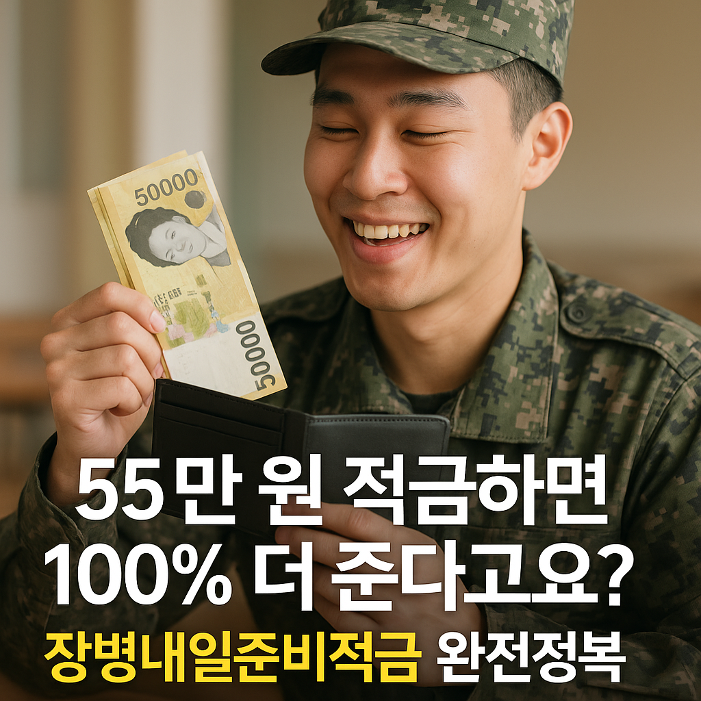 장병내일준비적금 홍보 이미지 &ndash; 군복을 입은 청년이 5만 원 지폐를 지갑에서 꺼내며 웃고 있고, 하단에는 '55만 원 적금하면 100% 더 준다고요? 장병내일준비적금 완전정복'이라는 문구가 강조되어 있음