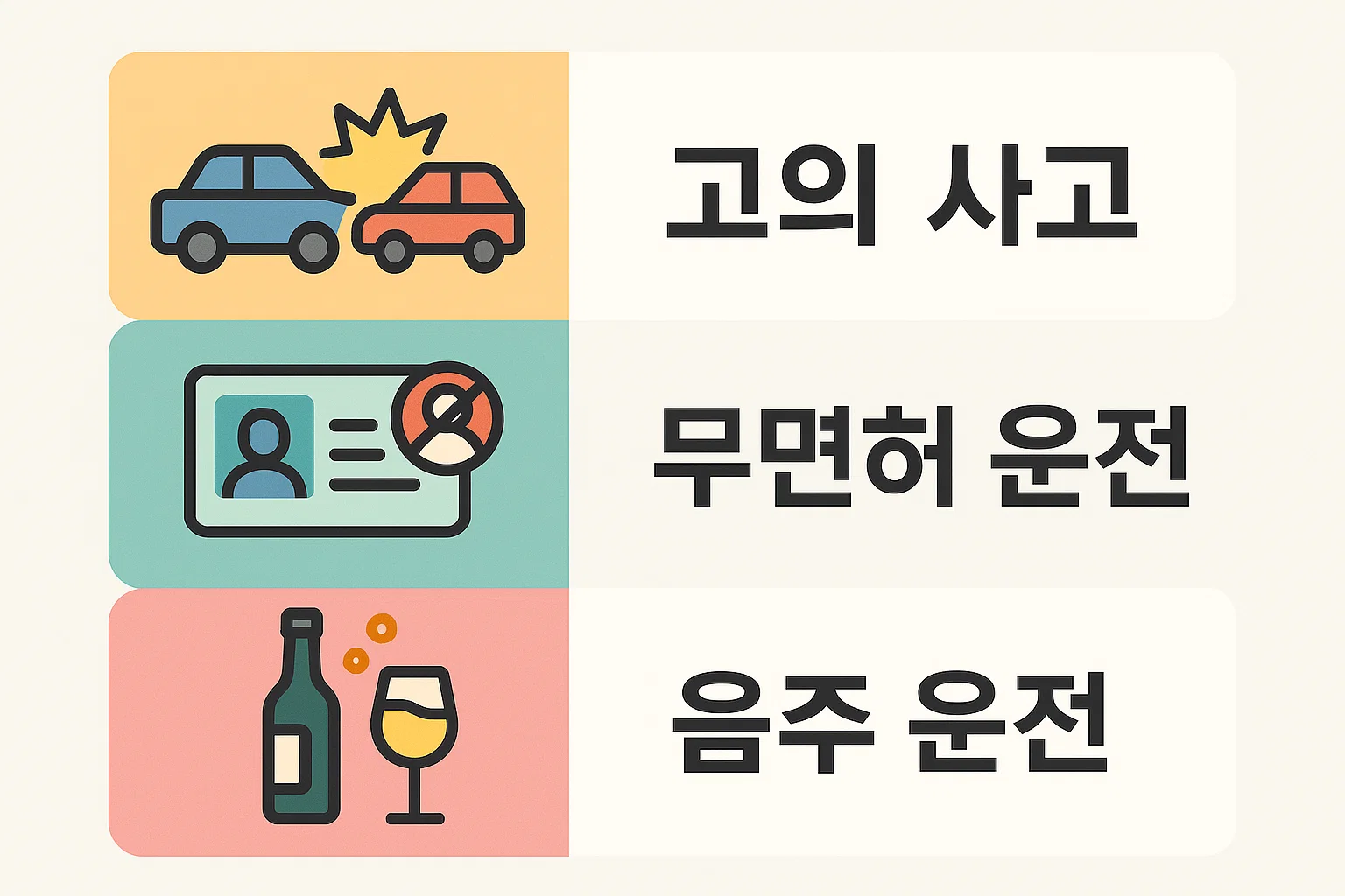 자동차 책임보험 보장제외 항목 중 고의사고, 무면허 운전, 음주운전과 같이 보장이 불가한 경우를 설명하는 인포그래픽