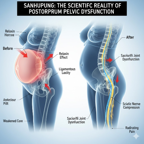 출산 후 릴랙신 호르몬 영향으로 느슨해진 골반 인대와 틀어진 골반 정렬을 보여주는 해부학적 구조도 및 이를 회복하기 위한 물리치료사의 산후 재활 운동 가이드 이미지