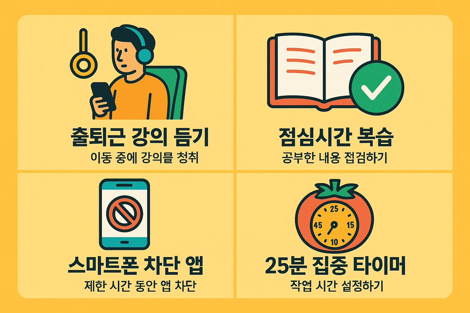 직장인 자격증공부법 중 효율적인 시간관리와 집중력을 위한 핵심 전략을 담은 인포그래픽으로, 출퇴근 강의 듣기&middot;점심 복습&middot;스마트폰 차단앱&middot;25분 집중 타이머 활용법을 시각적으로 표현한 이미지.