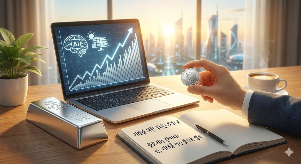 상승 화살표와 함께 빛나는 은, 투자 전망 그래프