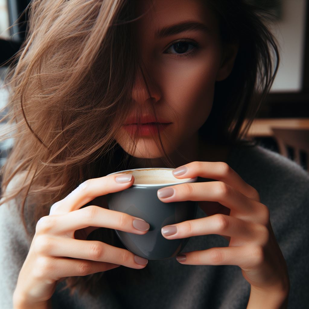 얼굴이 반쯤 가려진 채 커피를 마시는 여자