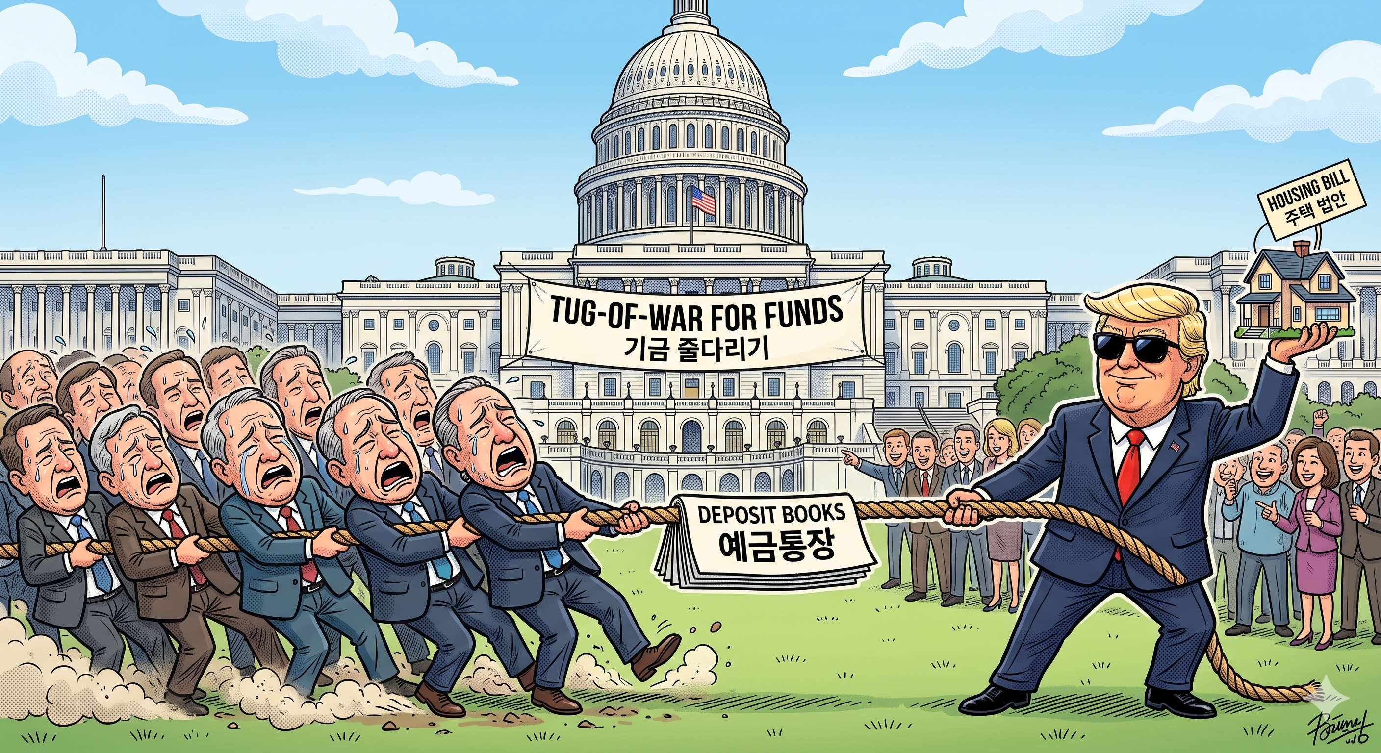 미국 클래리티 법안과 스테이블코인 이자 지급 규제를 둘러싼 트럼프와 전통 은행의 대립을 나타낸 삽화