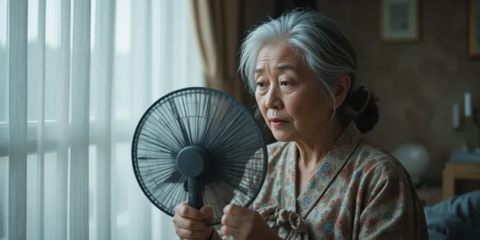 폭염주의보에 지쳐 커튼을 친 방 안에서 부채질하는 여성