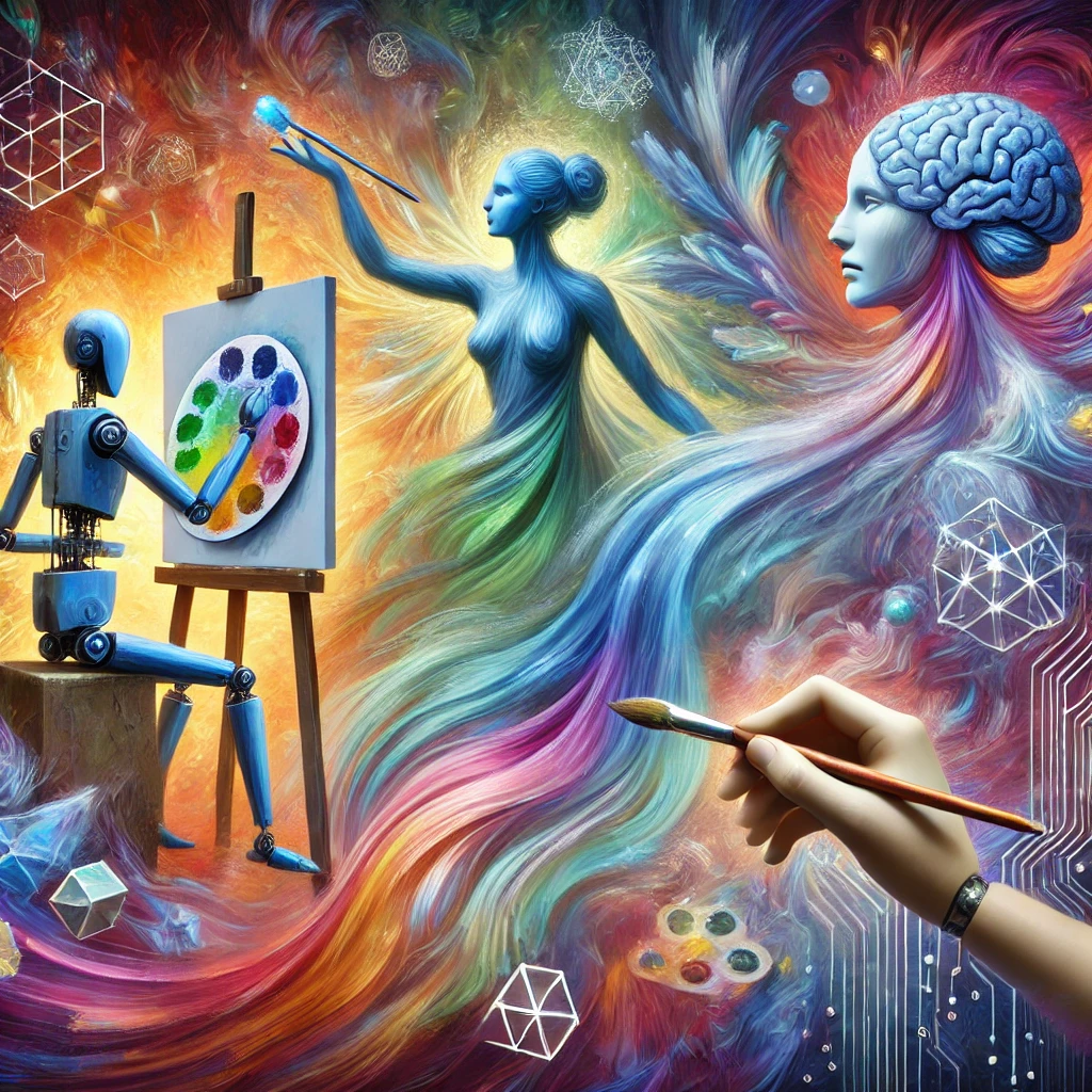 세 명의 상징적인 AI 존재가 각기 다른 방식으로 이미지를 만들어내고 있는 환상적인 장면. 왼쪽에는 기하학적 도구를 든 로봇형 화가 DALL&middot;E가 디지털 패턴을 그려내고, 중앙에는 붓과 흐르는 색채로 구성된 예술가 형태의 Midjourney가 몽환적인 풍경을 그려내며, 오른쪽에는 회로와 신경망이 연결된 디지털 뇌 형상의 Stable Diffusion이 구조화된 이미지를 생성한다. 세 AI는 각기 다른 색조와 배경에서 창작 활동을 수행하며, 판타지와 기술이 결합된 초현실적 구성을 이룬다