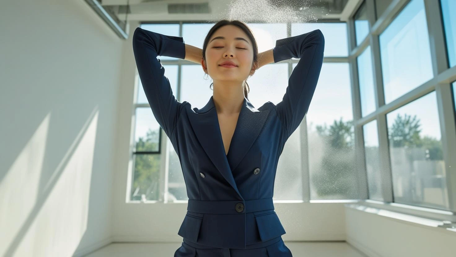 햇살 가득한 아침 사무실에서 스트레칭을 하는 여성