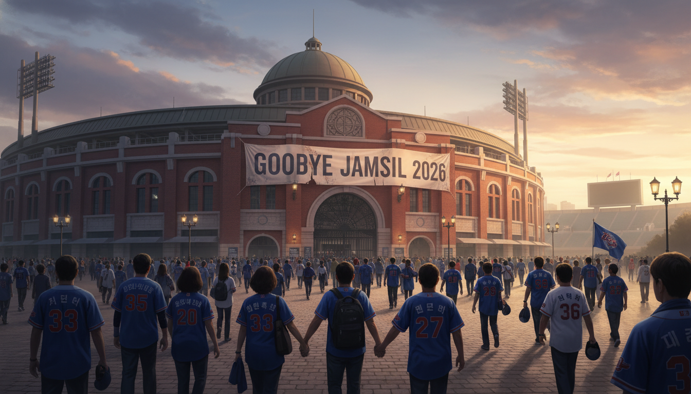 2026 시즌을 끝으로 역사 속으로 사라지는 노을 진 잠실야구장 전경