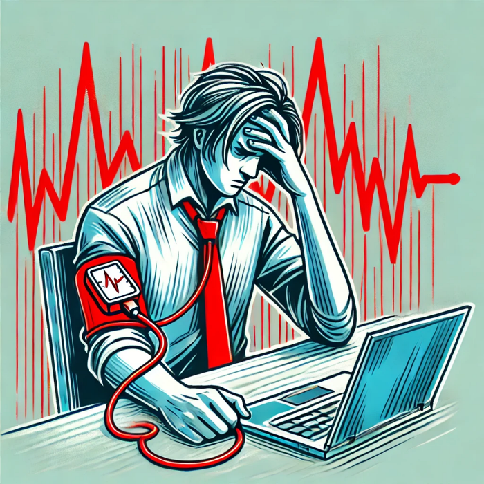 직장에서 스트레스를 받고 혈압이 상승하는 모습을 나타내는 일러스트.