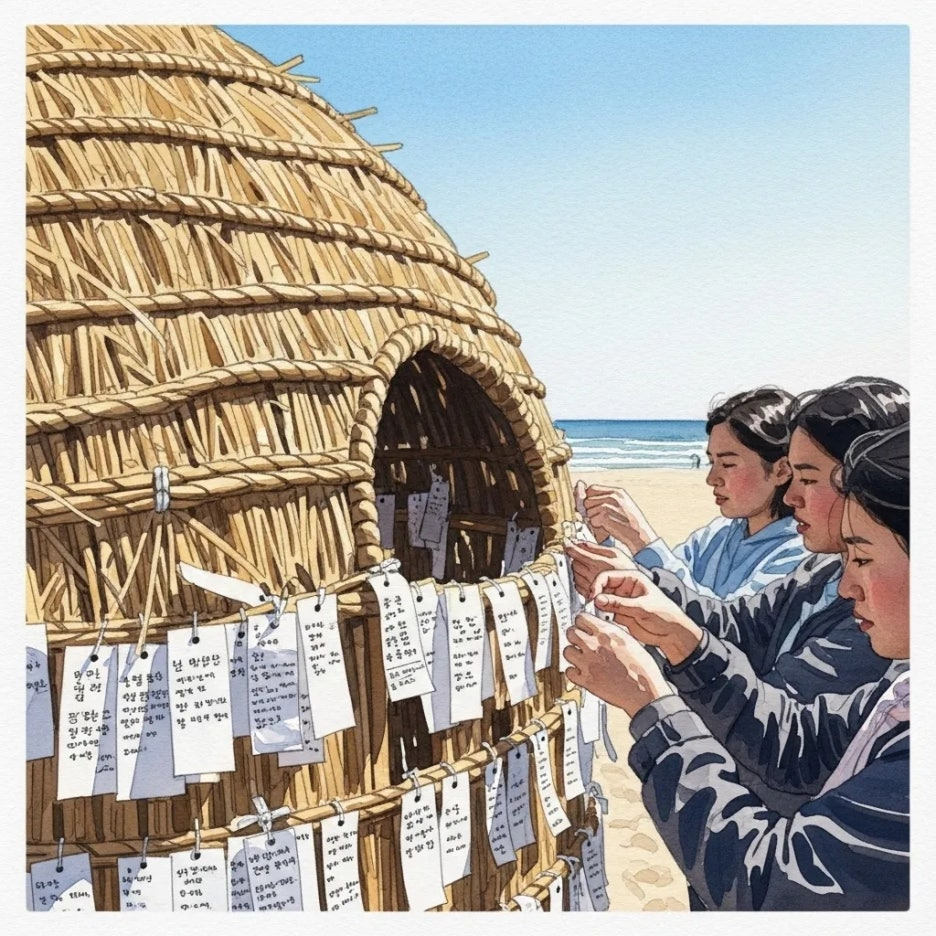 소원을 담아 달집에 매달린 종이들이 바람에 흔들리는 모습