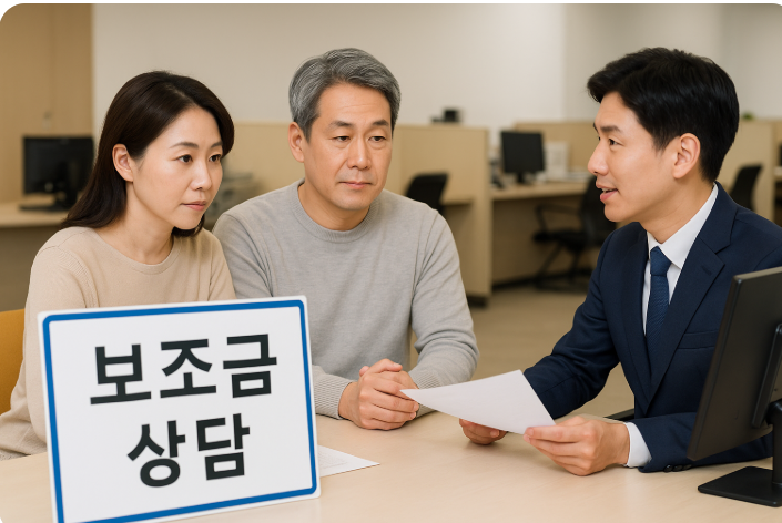 정부 보조금 상담을 받는 부부와 공무원의 모습, 신청 절차를 안내받는 장면