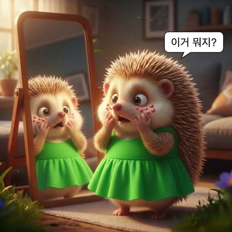 거울에 난 한관종을 보고 "이거 무저?"하면서 놀라워하고 있는 도치씨의 모습