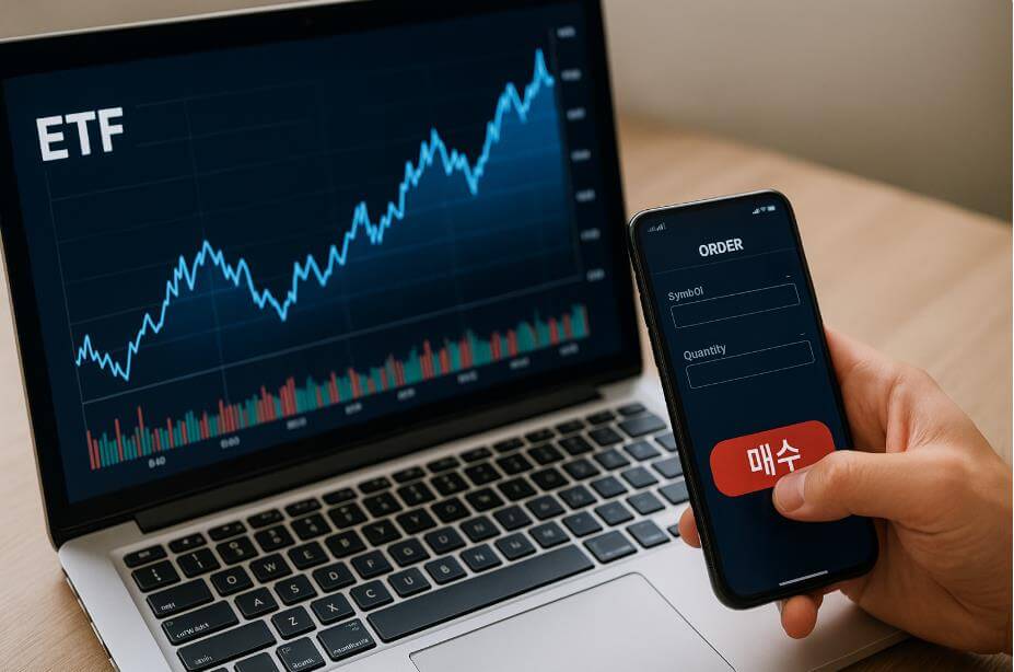 노트북 ETF 그래프와 스마트폰 매수 주문 화면.