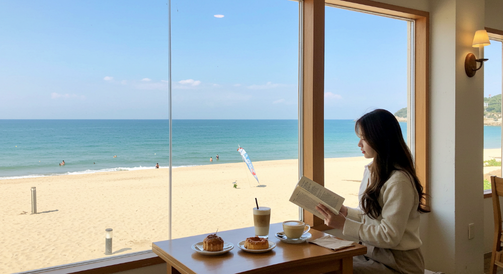 함덕 바닐라비치 카페에서 조용히 독서하는 모습