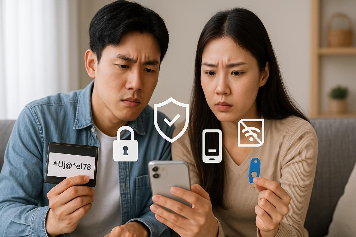 비밀번호 관리와 2단계 인증 등 보안에 신경 쓰는 20대 남녀의 모습