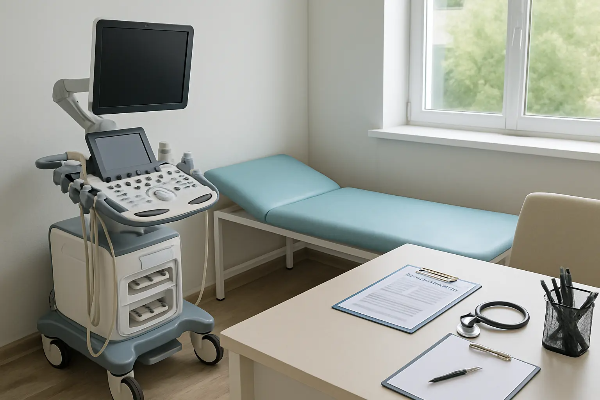 검사 장비와 문진 테이블이 깔끔히 정돈된 병원 건강검진실의 인테리어 장면, 의료시설 분위기를 전달하는 이미지, 텍스트 없음