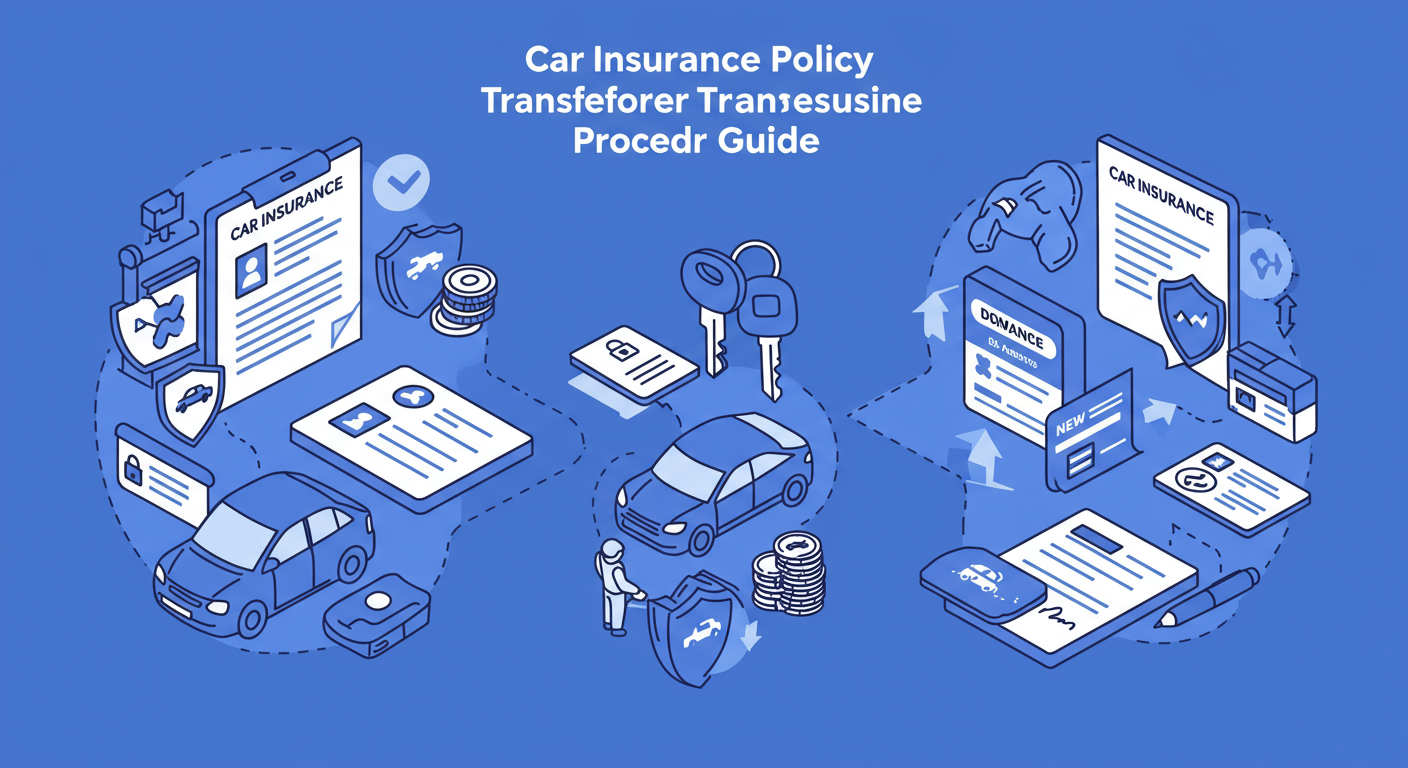 자동차 보험 명의 변경 절차 안내 이미지 - 보험 서류와 자동차 키가 있는 전문적인 일러스트