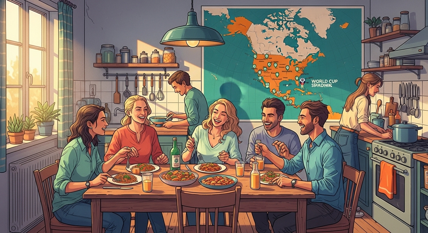에어비앤비 주방에서 함께 식사하며 장기 숙박 비용을 절감하는 친구들